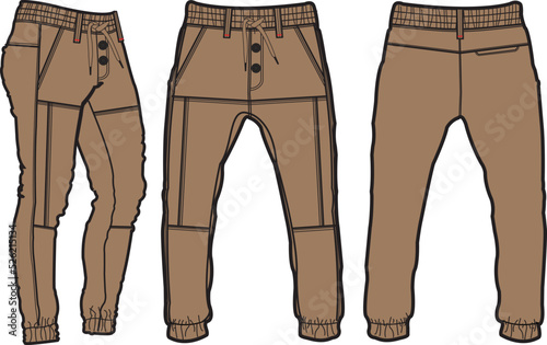 Template trousers pants, front, back and side. Colorful, vector image