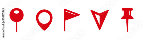 Location Icon, pushpin, Flag point, pin, place pointer, needle point, arrow and V letter. Icon for navigation map, GPS, direction, compass. Needle sign for a tag, stationery, and board marker.

