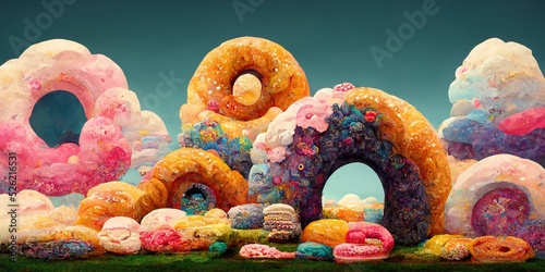 Fantasy donut land with desserts and sweets doughnut candyland, sweet sugar icing and glazed donuts making a fantasy junk fast food cartoon landscape, conceptual illustration