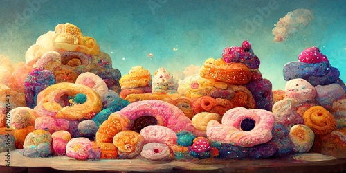 Fantasy donut land with desserts and sweets doughnut candyland, sweet sugar icing and glazed donuts making a fantasy junk fast food cartoon landscape, conceptual illustration