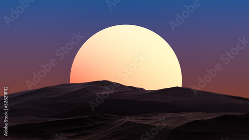 Mountains against the backdrop of the sun, stars and sky landscape at sunset. Landscape of mountains and planets blurred background. Futuristic abstract mountains landscape. 3D render.