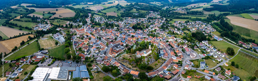 Aerial view of the city Pleystein in Germany, Bavaria on a cloudy day in summer.