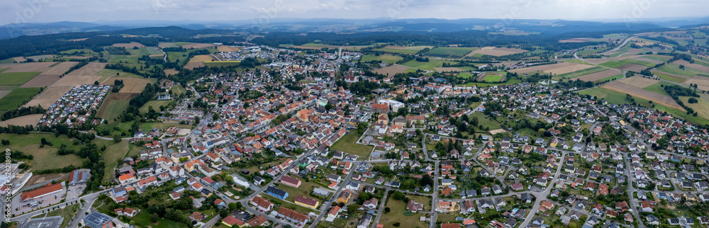 Aerial view of the city  Vohenstrauß in Germany, Bavaria on a cloudy day in summer.