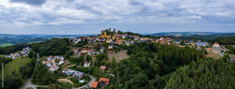 Aerial view of the village Leuchtenberg in Germany, Bavaria on a sunny day in summer.