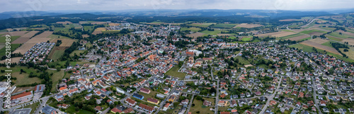 Aerial view of the city Vohenstrauß in Germany, Bavaria on a cloudy day in summer.