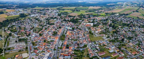 Aerial view of the city Vohenstrauß in Germany, Bavaria on a cloudy day in summer.