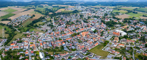 Aerial view around the town Vohenstrauß in Germany, on a cloudy day in summer.