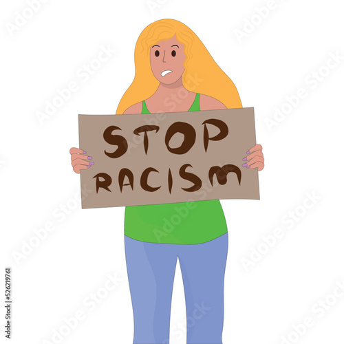 angry woman with a poster at a rally. stop racism poster. the blonde with the poster.