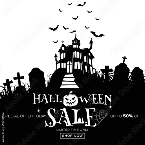 Halloween 50% off Sale Promotion Poster or banner with Halloween Pumpkin and haunted castle, bats,grave. on white background. Vector illustration