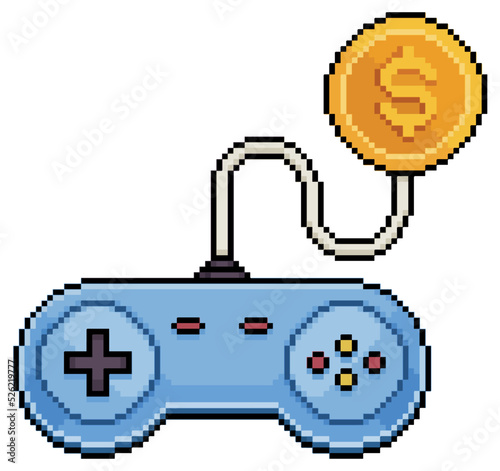 Pixel art video game joystick and coin vector icon for 8bit game on white background
