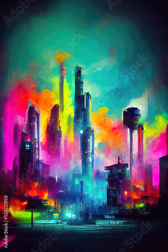 Spray Painting City, colorful. Skyscraper reaching into the clouds. © IntoArtwork