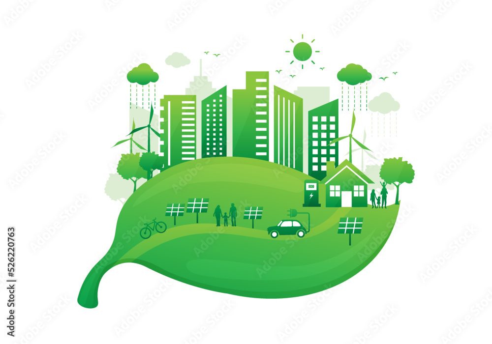 ecology city with environmentally friendly on leaf. world environment day and sustainable development. green city save the world. vector illustration in flat style modern design.ecology city with envi - obrazy, fototapety, plakaty 