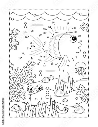 Fish dot-to-dot activity and coloring page. Full-page underwater scene. Math basics for kids.
