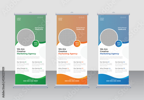 We are Creative Marketing Agency Corporate business roll up banner design or Modern Shapes Presentation Stand exhibition display Advertising x banner template