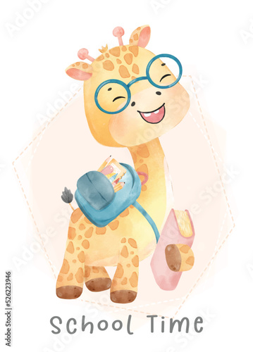 Canvas Print cute baby giraffe with school backpack and book, back to school cartoon childhoo