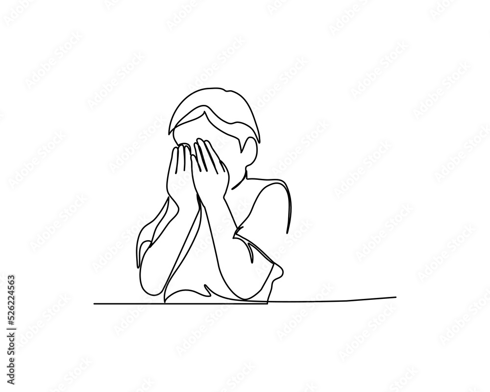 One continuous line a little boy crying. Minimalist style vector illustration in white background. One continuous line a little boy crying. Minimalist style vector illustration in white background.