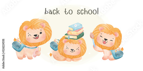 group of cute watercolor happy kid lions with school backpack and book stacked, back to school cartoon animal watercolor vector