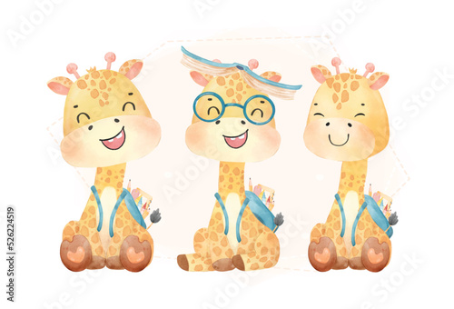 Back to school animals, group of three cute watercolor happy kid giraffe with school backpack, back to school cartoon childhood animal wildlife watercolor vector