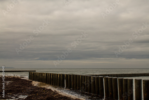 coast of the Baltic sea. wooden breakwaters on the seashore. Zelenogradsk