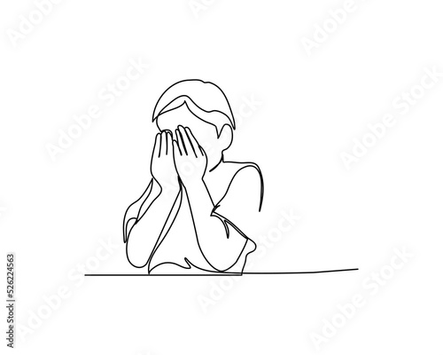 One continuous line a little boy crying. Minimalist style vector illustration in white background.