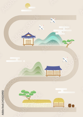 Vector illustration of a landscape with a traditional Korean house.
