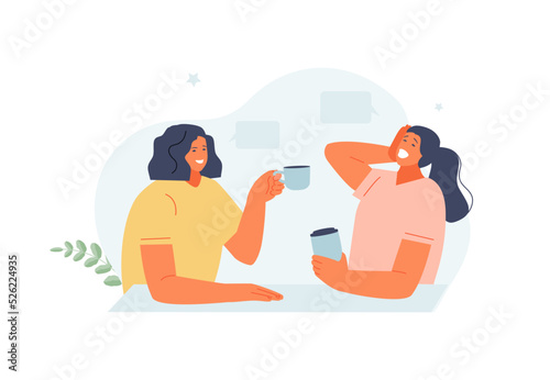 Laughing Women friends drinking coffee and spending time together. Communication, support, friendship, sisterhood vector illustration