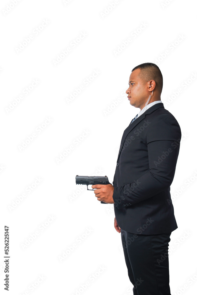 Portrait of a pottrade, a gunman wearing a black suit and holding a pistol isolated included with clipping path. Portrait of a pottrade, a gunman wearing a black suit and holding a pistol isolated included with clipping path.