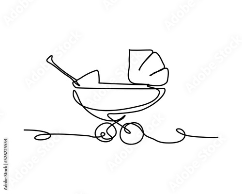One line continuous of a baby stroller. Minimalist style vector illustration in white background.