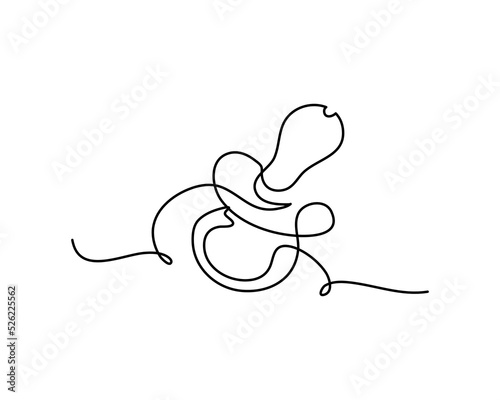 One line continuous of baby pacifier. Minimalist style vector illustration in white background.