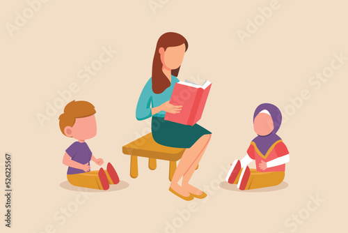 Woman Teacher is reading fairy tales to her pupils in the class. the concept of pupil activity in class. Flat vector illustrations isolated.