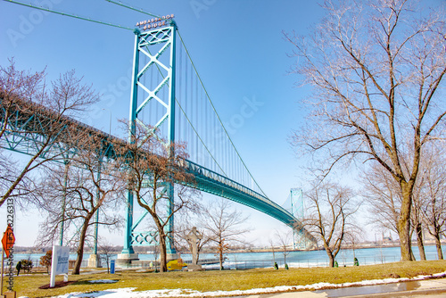 Ambassador suspension bridge at the Detroit Michigan and Canada border on a winter day photo