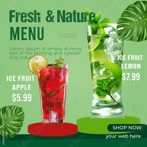 Ice Lemon Or Fresh And Nature Menu Fruit Drink Social Media Post Banner Design template
