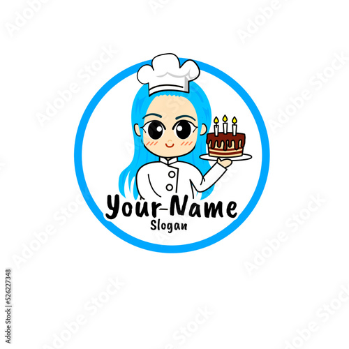 vector bakery chef girl with cake in chef suit logo illustration