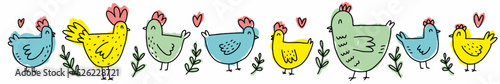 A hand-drawn set of cute chickens. Vector illustration of poultry drawn in the style of doodles.