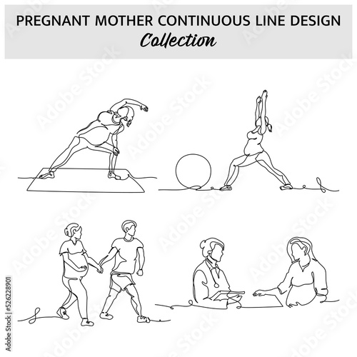 Set of activities for pregnant women one continuous line. Vector illustration of minimalist style on a white background.