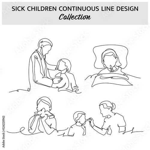 Set of sick child one continuous line. Vector illustration of minimalist style on a white background.