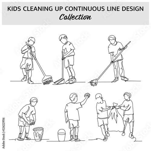 Set of kids cleaning environment continuous line. Vector illustration of minimalist style on a white background.
