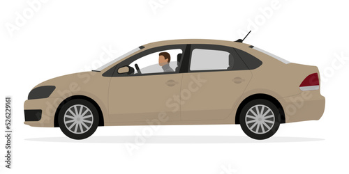 Beige passenger car with a half-open window and a driver on a white background