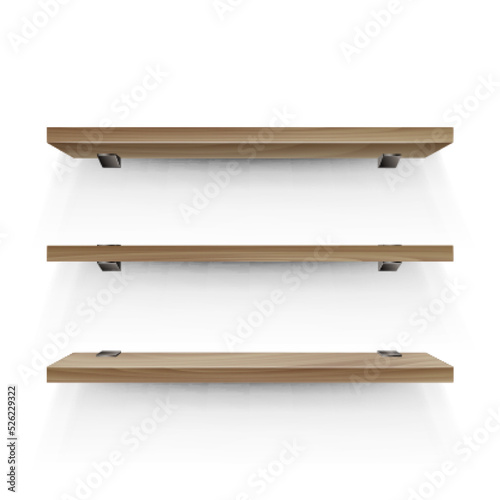 Wooden shelf mockup. Three empty shelves template. Realistic bookshelf design.