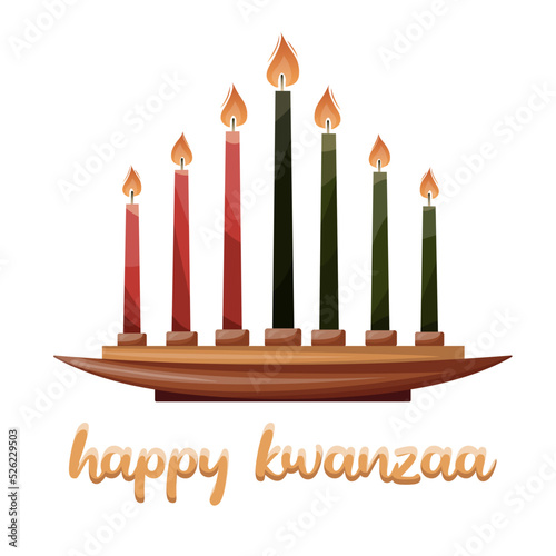 Kwanzaa  vector red, black and green celebration candle holder with seven candles. Kwanza traditional party decor, element for party. Isolated vector illustration for poster, banner, cover, menul. photo