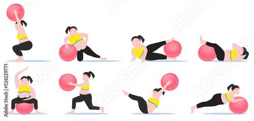 Set of cartoon Fat women cardio ball exercises and fitness training. Concept for weight loss of fat burning. photo