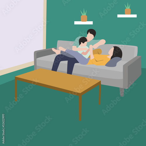 Creative Vector illustration drawing of a family spends the weekend at home, father, mother, and son relaxing and joking together on the sofa. Modern Design Illustration Vector