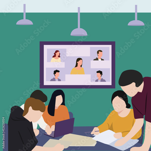 Creative Vector illustration drawing of a group of students working on a group assignment from online study. online study group. Modern Design Illustration Vector