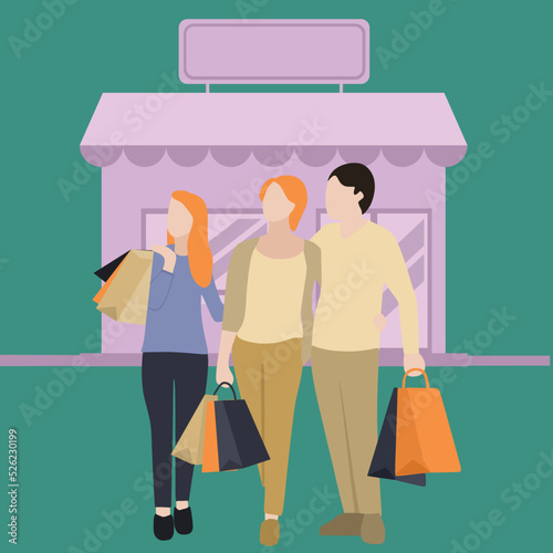 creative Vector illustration drawing of Beautiful parents and their daughter are holding shopping bags and smiling while doing shopping in the mall. Modern Design Illustration Vector