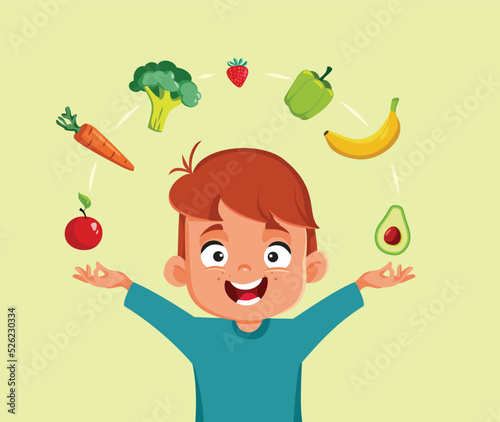 Cheerful Little Boy Enjoying Healthy Foods Vector Cartoon. Happy child searching for organic ingredients for balanced meals
