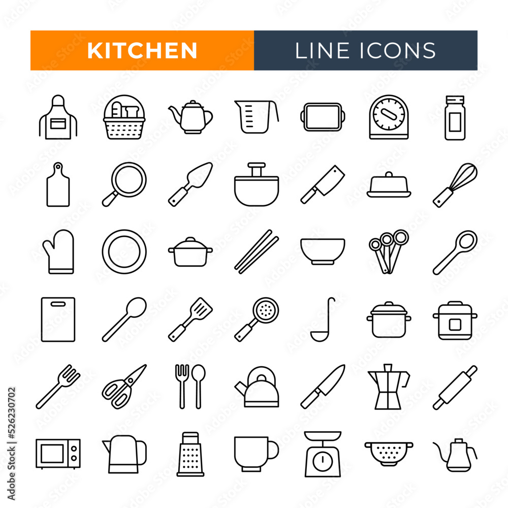 Obraz premium Kitchen and cooking line icons set. Vector line icons.