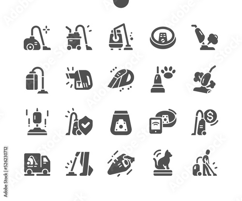 Vacuum cleaner. Cleaning service. Man vacuuming. House cleaner. Robotic vacuum. Vector Solid Icons. Simple Pictogram
