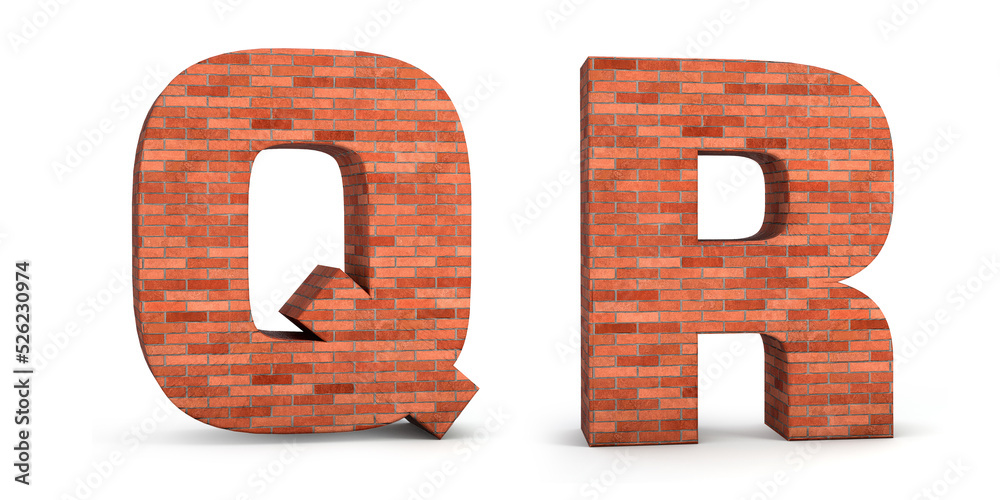 Realistic 3d brick alphabet Q & R isolated on white background. 3d illustration. Realistic 3d brick alphabet Q & R isolated on white background. 3d illustration.