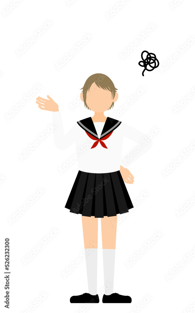 白いセーラー服を着た女子生徒、困って腰に手を当ててため息をつく 白いセーラー服を着た女子生徒、困って腰に手を当ててため息をつく