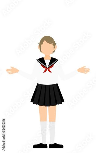 白いセーラー服を着た女子生徒、両手を広げる身振り